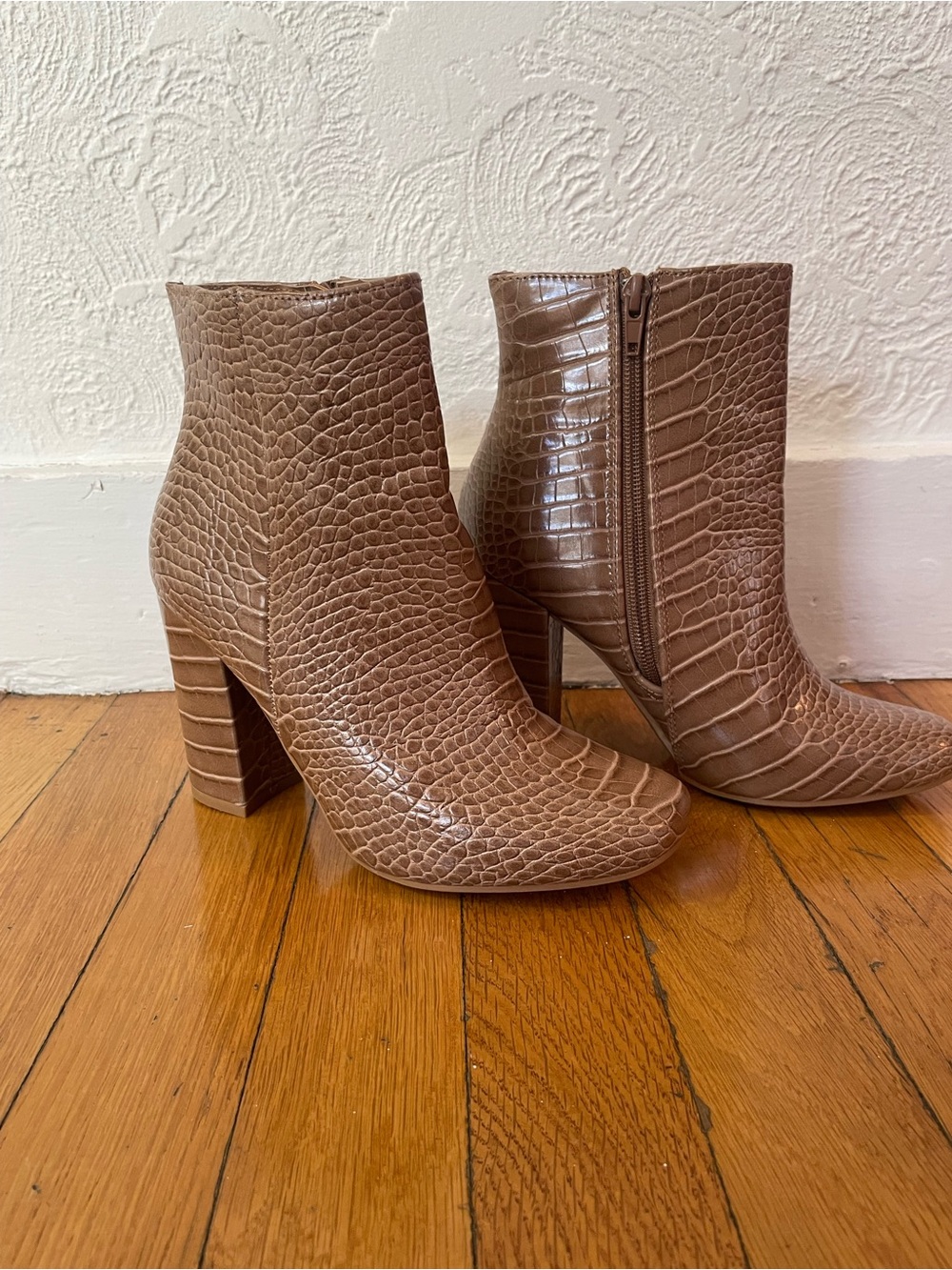 Taupe Crocodile Print Faux Leather Block Heel Ankle Booties